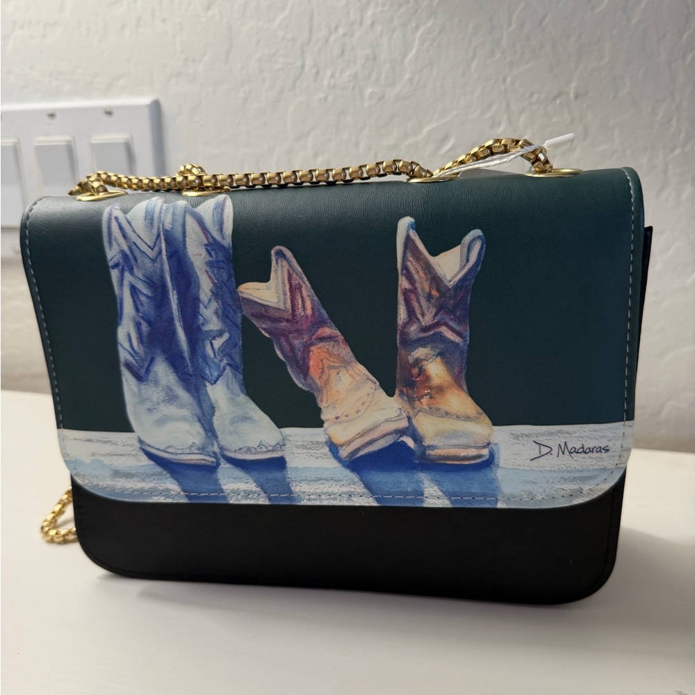Tucson Arizona Madaras local artist Designer Cowboy Boots Print hand Bag nwt